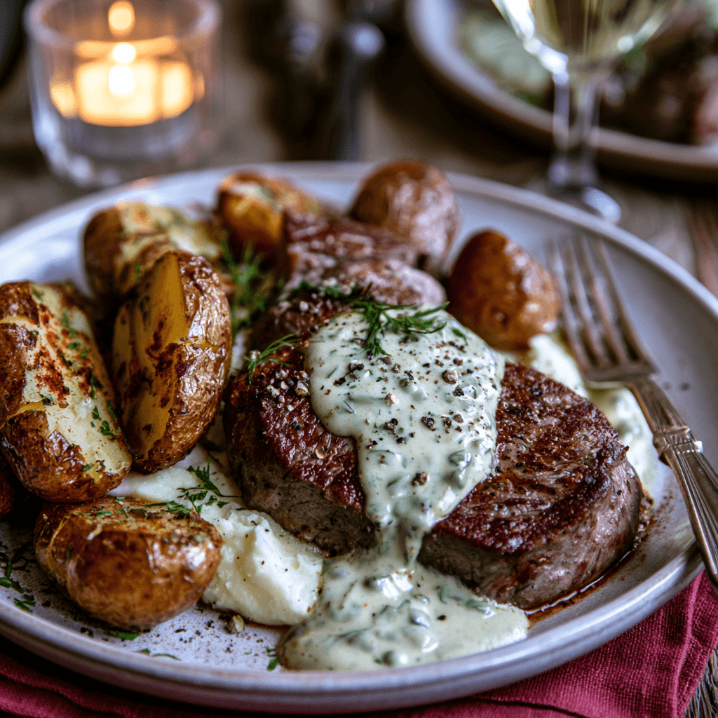 Steak with Pepper Sauce and Potato Wedges